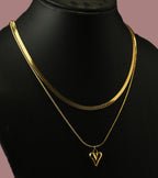 Gold Tone Classic Layered Snake Chain Necklace with Heart Charm for Women - Glossy Finish
