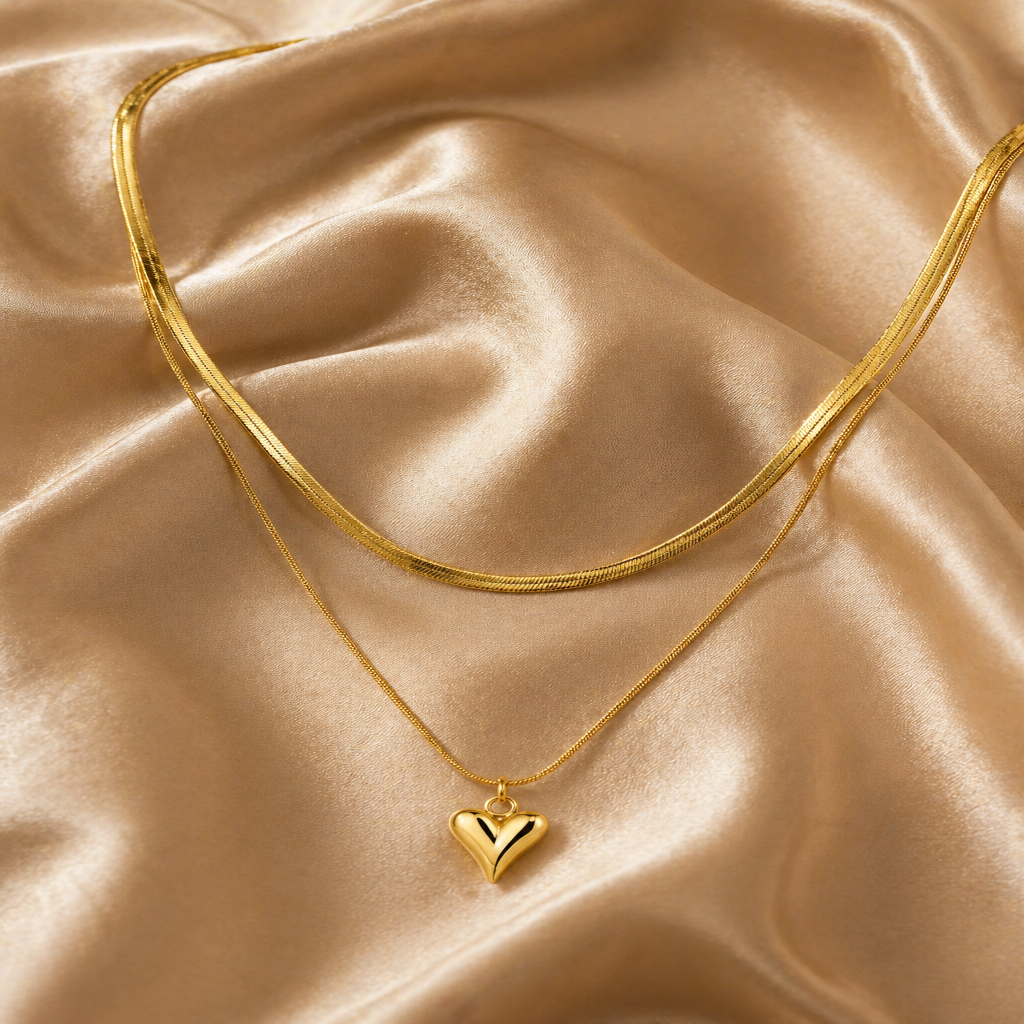 Gold Tone Classic Layered Snake Chain Necklace with Heart Charm for Women - Glossy Finish