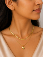Gold Tone Classic Layered Snake Chain Necklace with Heart Charm for Women - Glossy Finish