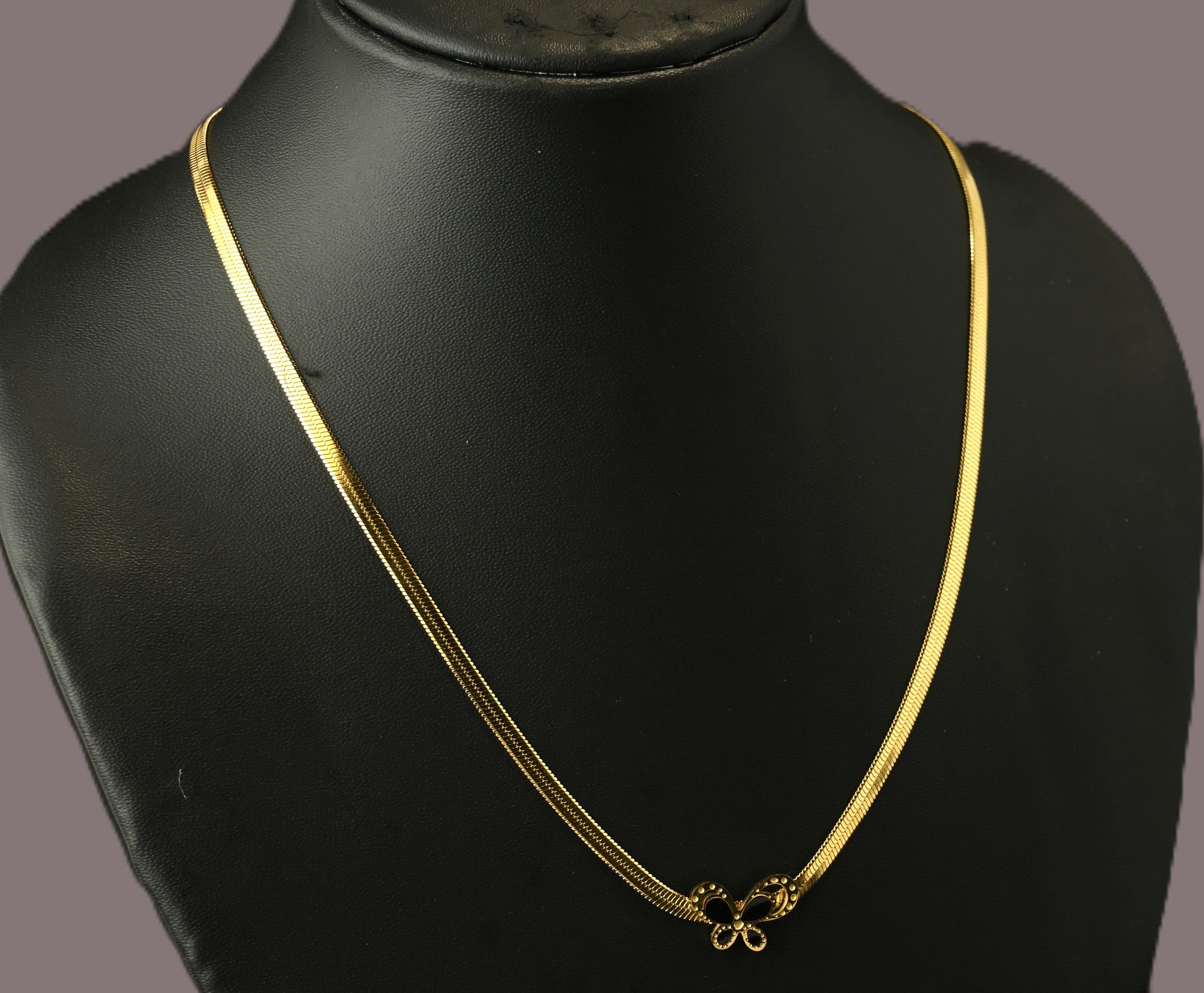 Gold Tone Aesthetic Snake Chain Necklace with Black Butterfly Pendant for Women - Glossy Finish