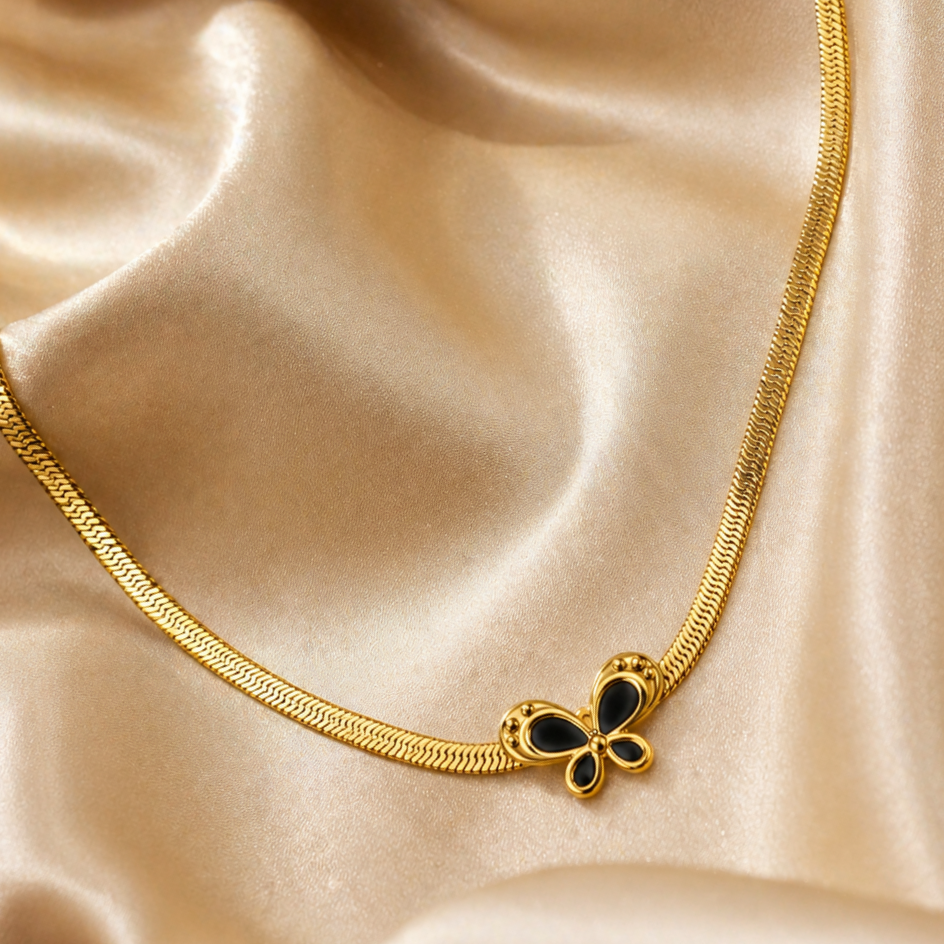 Gold Tone Aesthetic Snake Chain Necklace with Black Butterfly Pendant for Women - Glossy Finish
