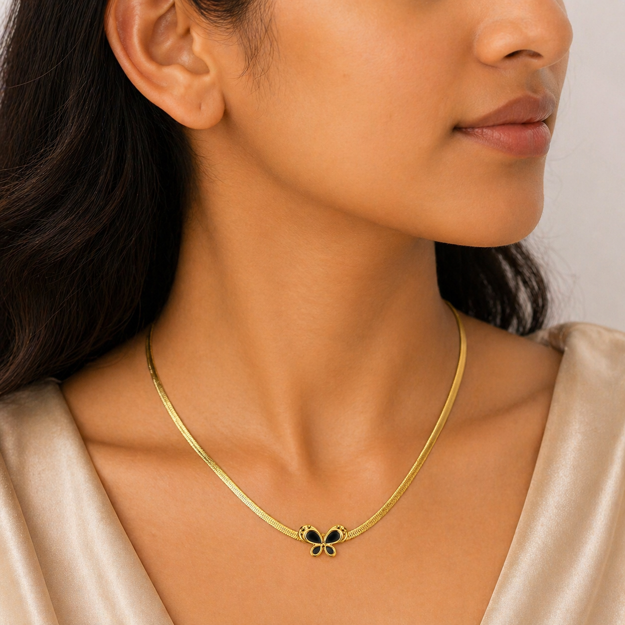 Gold Tone Aesthetic Snake Chain Necklace with Black Butterfly Pendant for Women - Glossy Finish