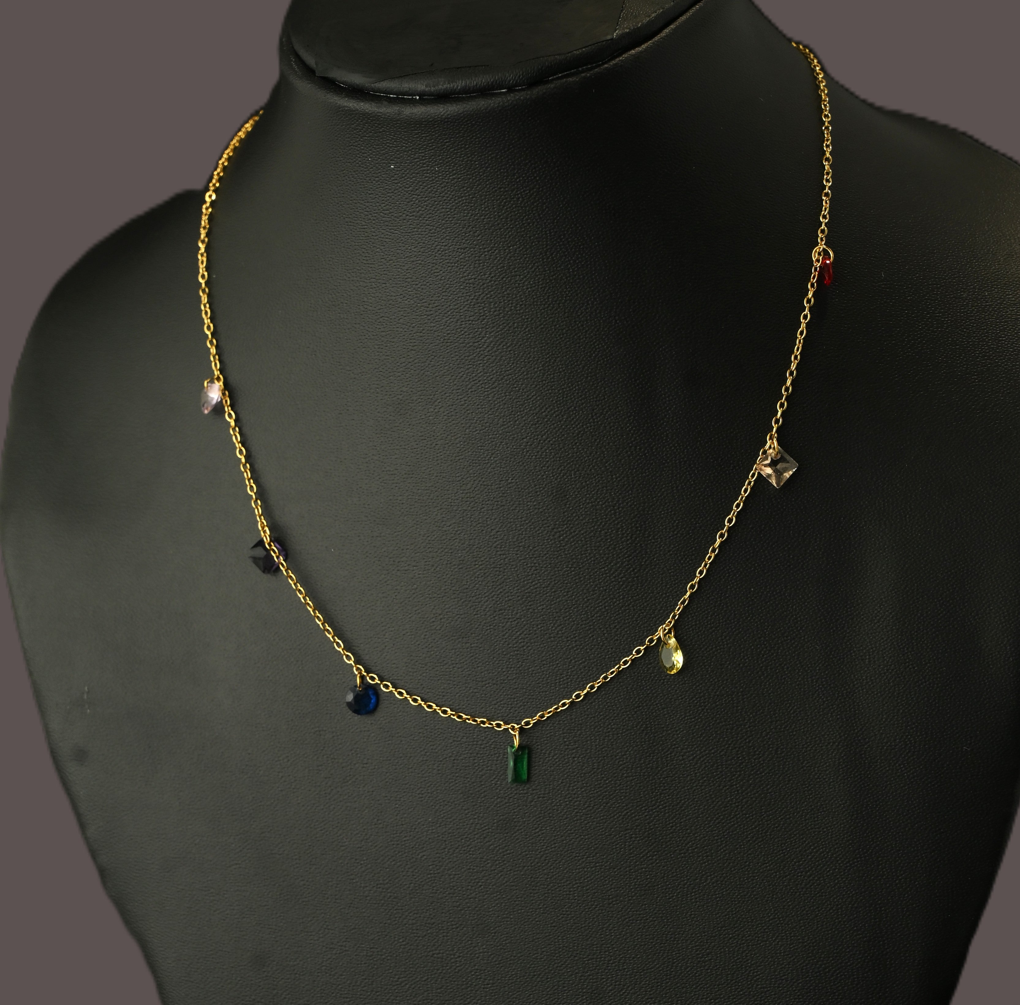 Gold Tone Minimal Multi-Coloured Stone Pendant Necklace for Women- Matte Finish