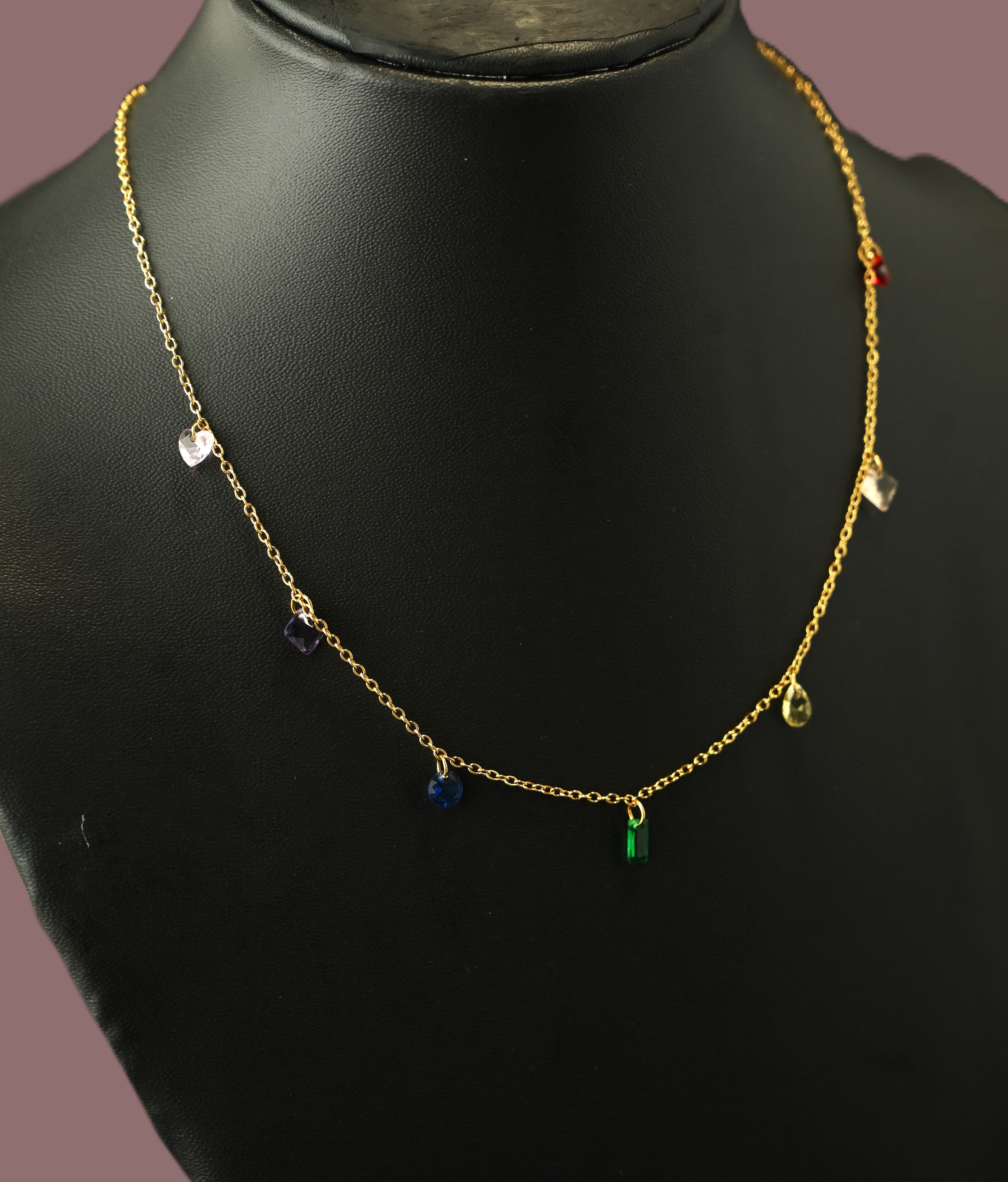 Gold Tone Minimal Multi-Coloured Stone Pendant Necklace for Women- Matte Finish
