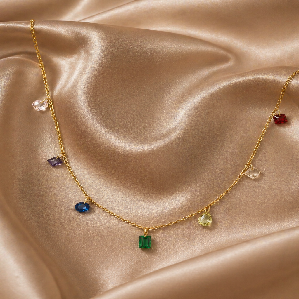 Gold Tone Minimal Multi-Coloured Stone Pendant Necklace for Women- Matte Finish