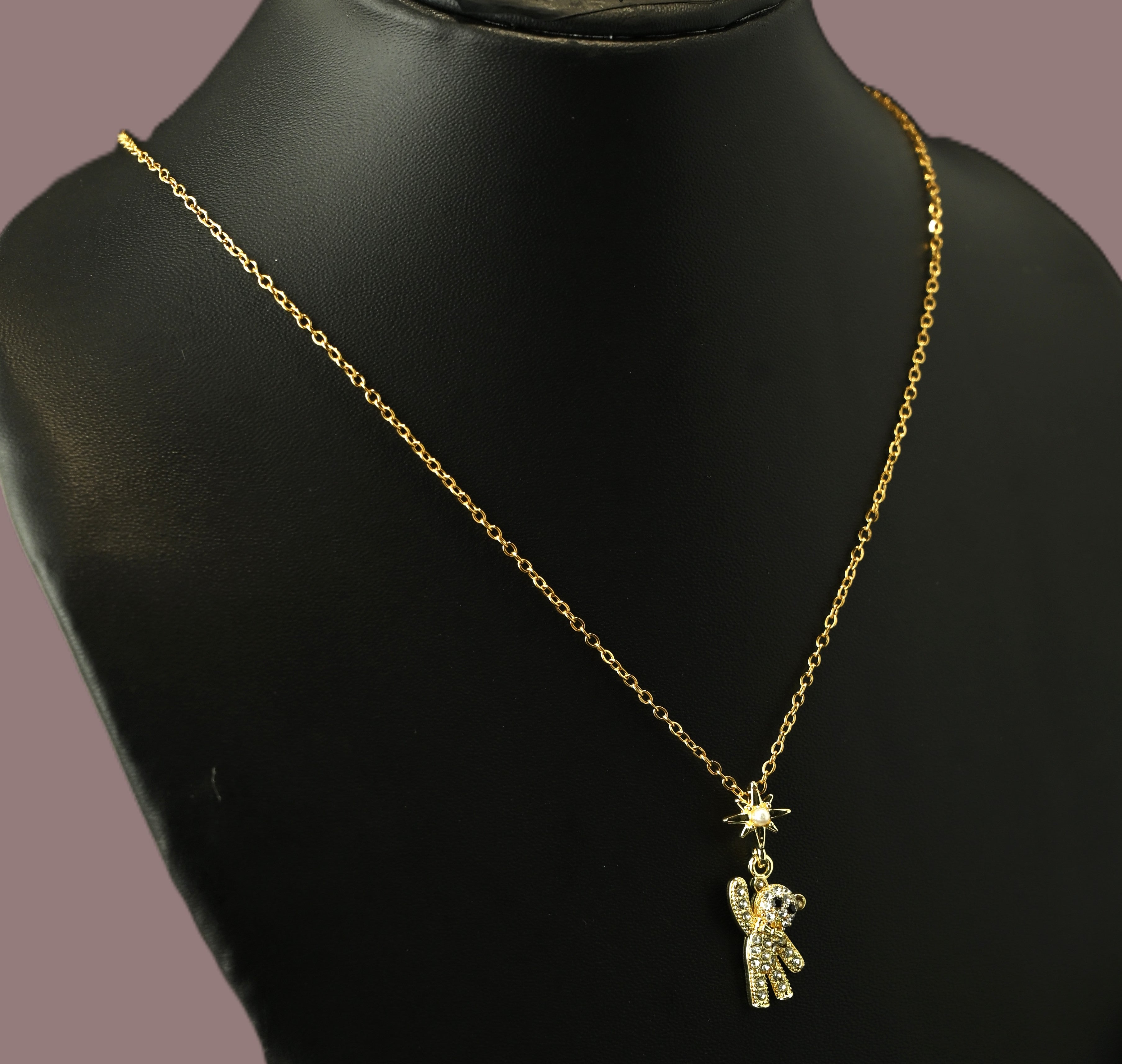 Gold Tone Sparkling Teddy Charm Necklace for Women- Matte Finish