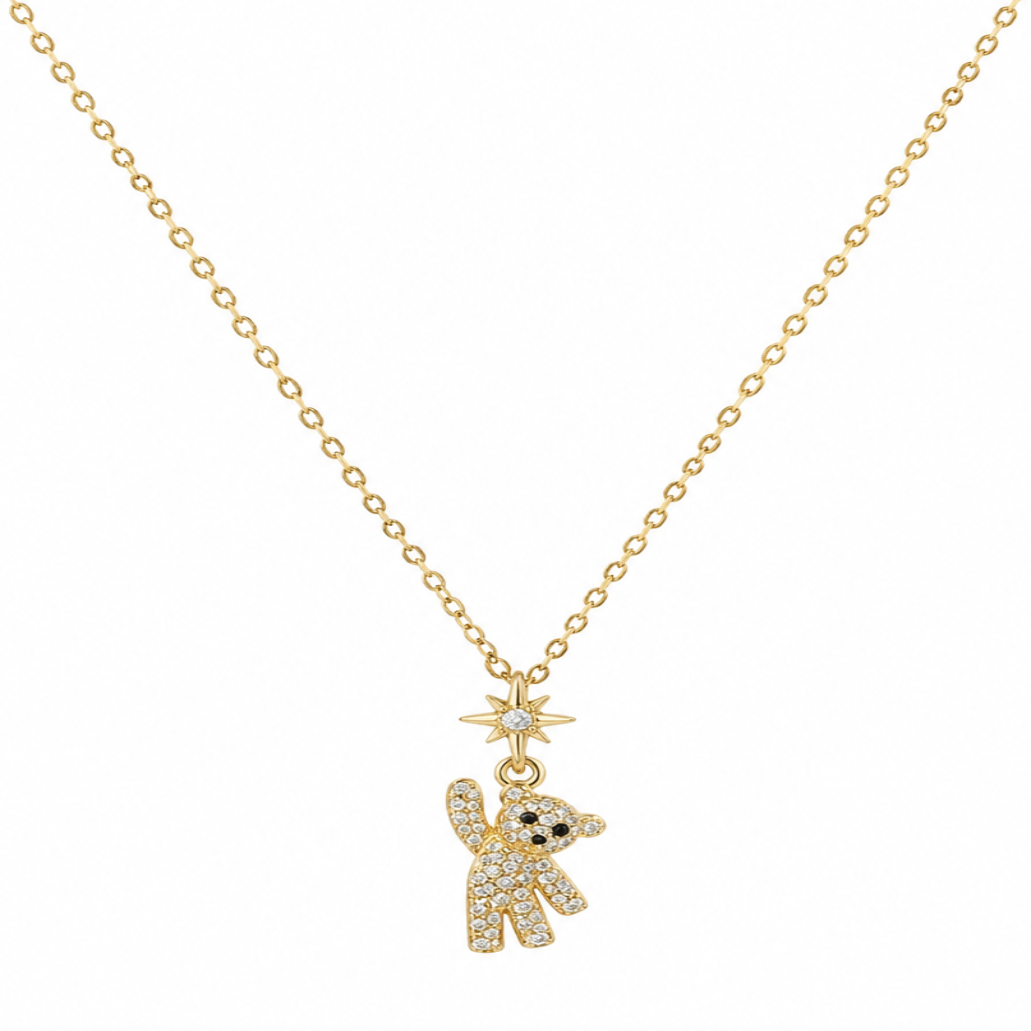 Gold Tone Sparkling Teddy Charm Necklace for Women- Matte Finish