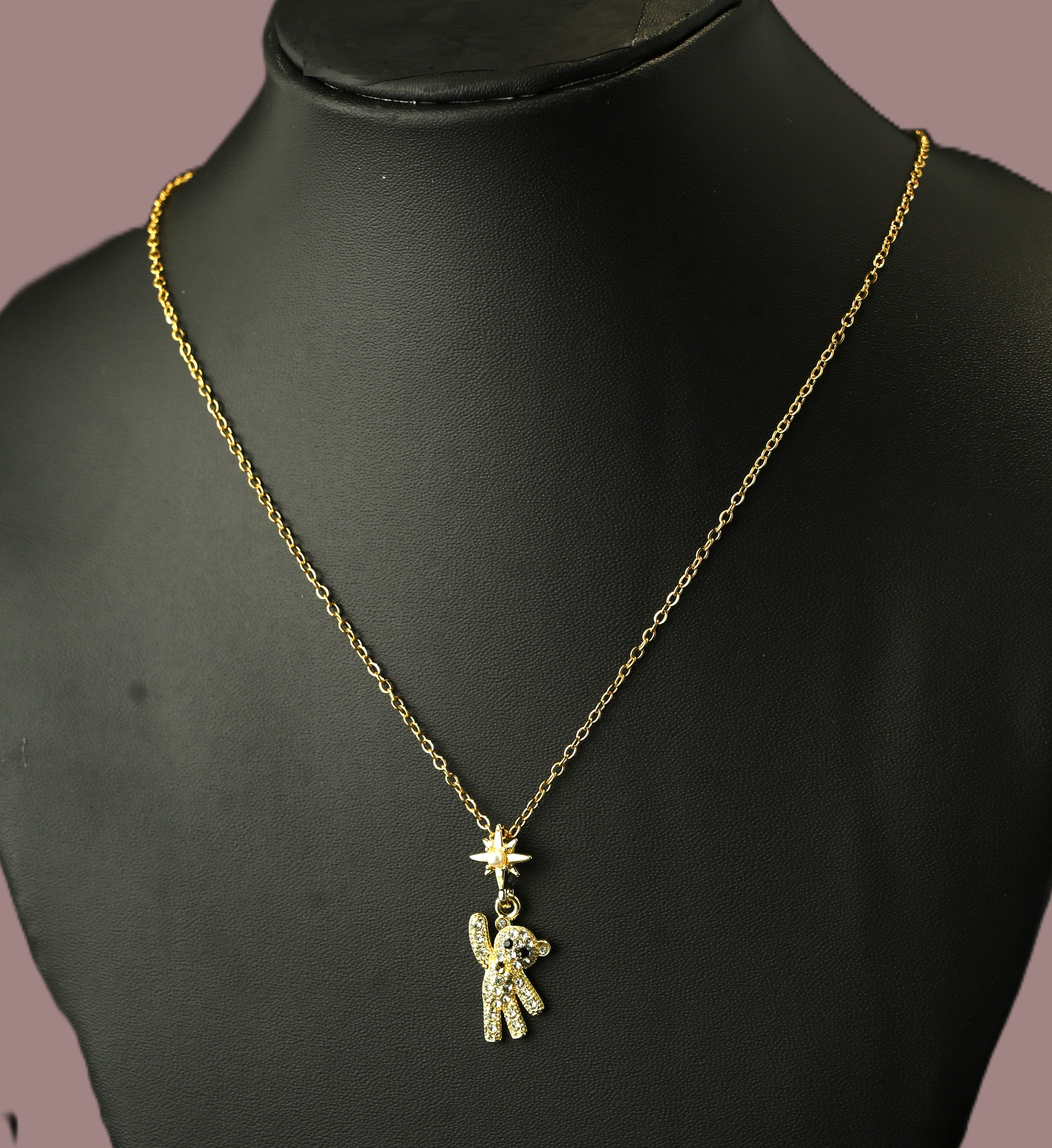 Gold Tone Sparkling Teddy Charm Necklace for Women- Matte Finish