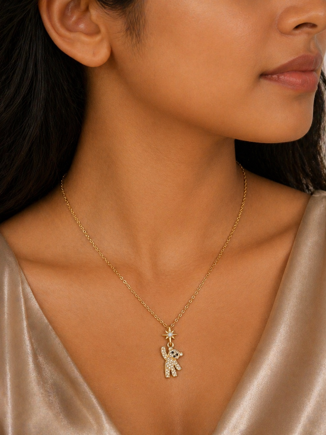 Gold Tone Sparkling Teddy Charm Necklace for Women- Matte Finish