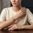 Gold Tone Stylish Buckle Detail Bangle Bracelet with Studded Zirconia for Women - Glossy Finish