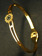 Gold Tone Classic Black Flower Charm Cuff Bangle Bracelet for Women- Glossy Finish