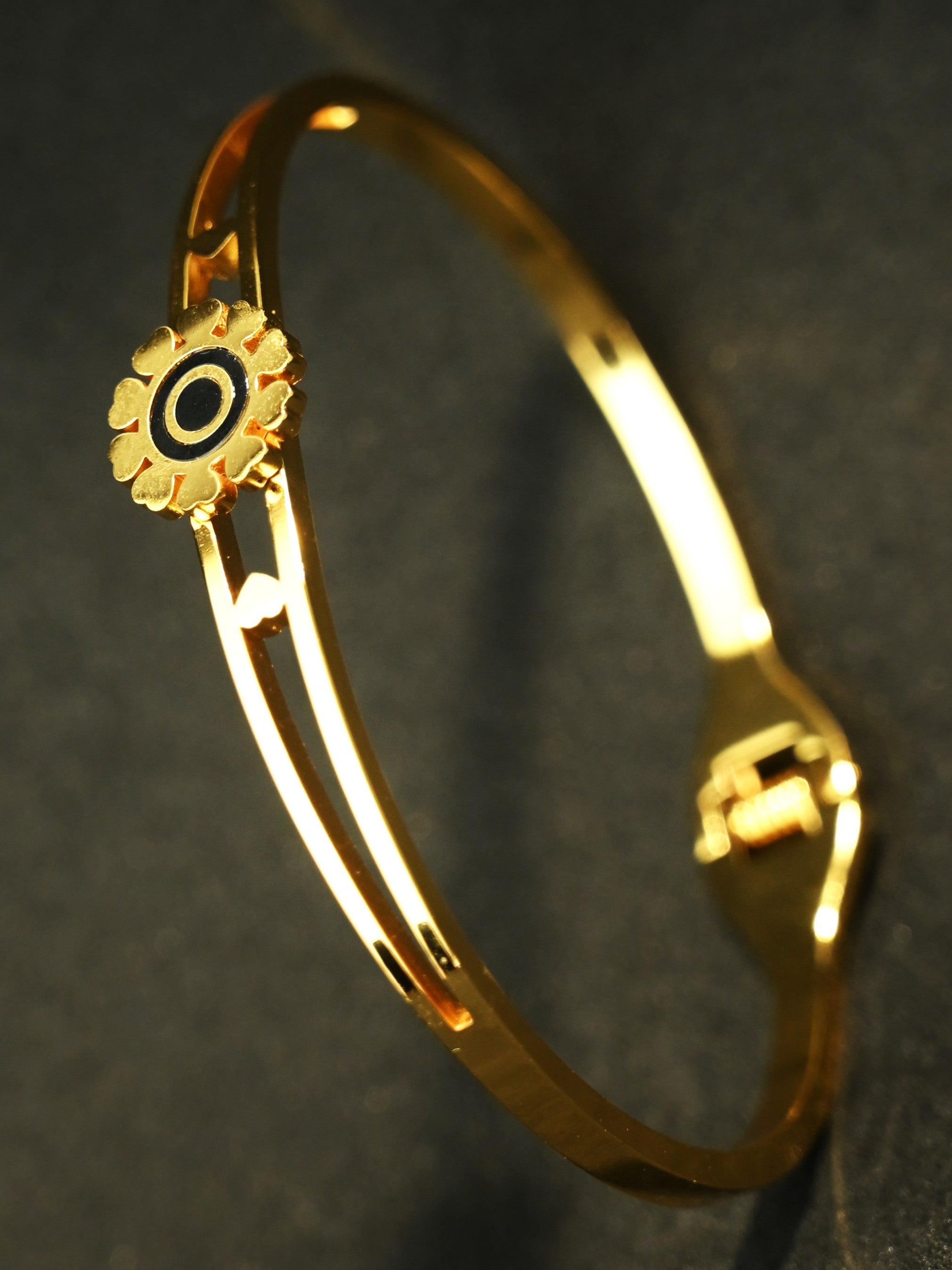 Gold Tone Classic Black Flower Charm Cuff Bangle Bracelet for Women- Glossy Finish