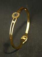 Gold Tone Classic Black Flower Charm Cuff Bangle Bracelet for Women- Glossy Finish