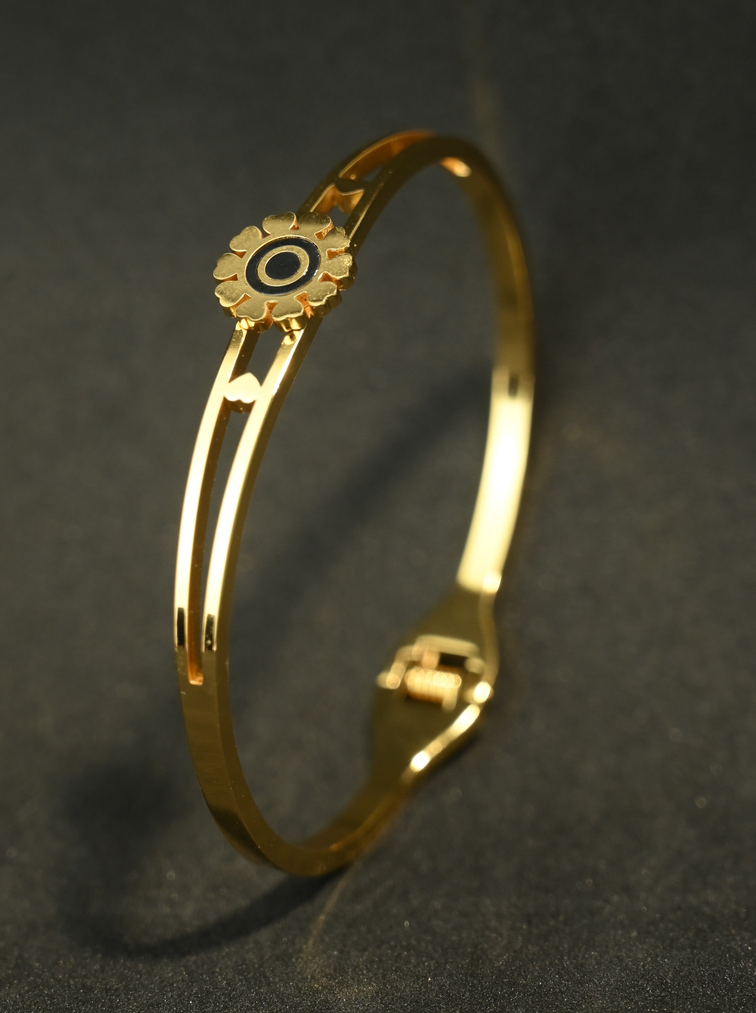 Gold Tone Classic Black Flower Charm Cuff Bangle Bracelet for Women- Glossy Finish