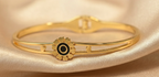 Gold Tone Classic Black Flower Charm Cuff Bangle Bracelet for Women- Glossy Finish
