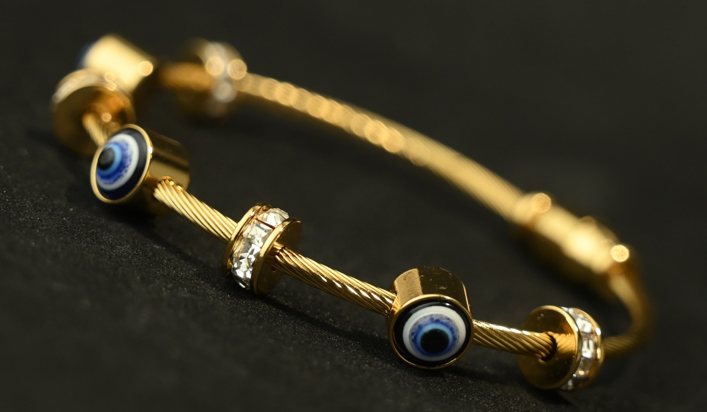 Gold Tone Elegant Lucky Eye Motifs Bangle Bracelet for Women- Glossy Finish (Baby Size)