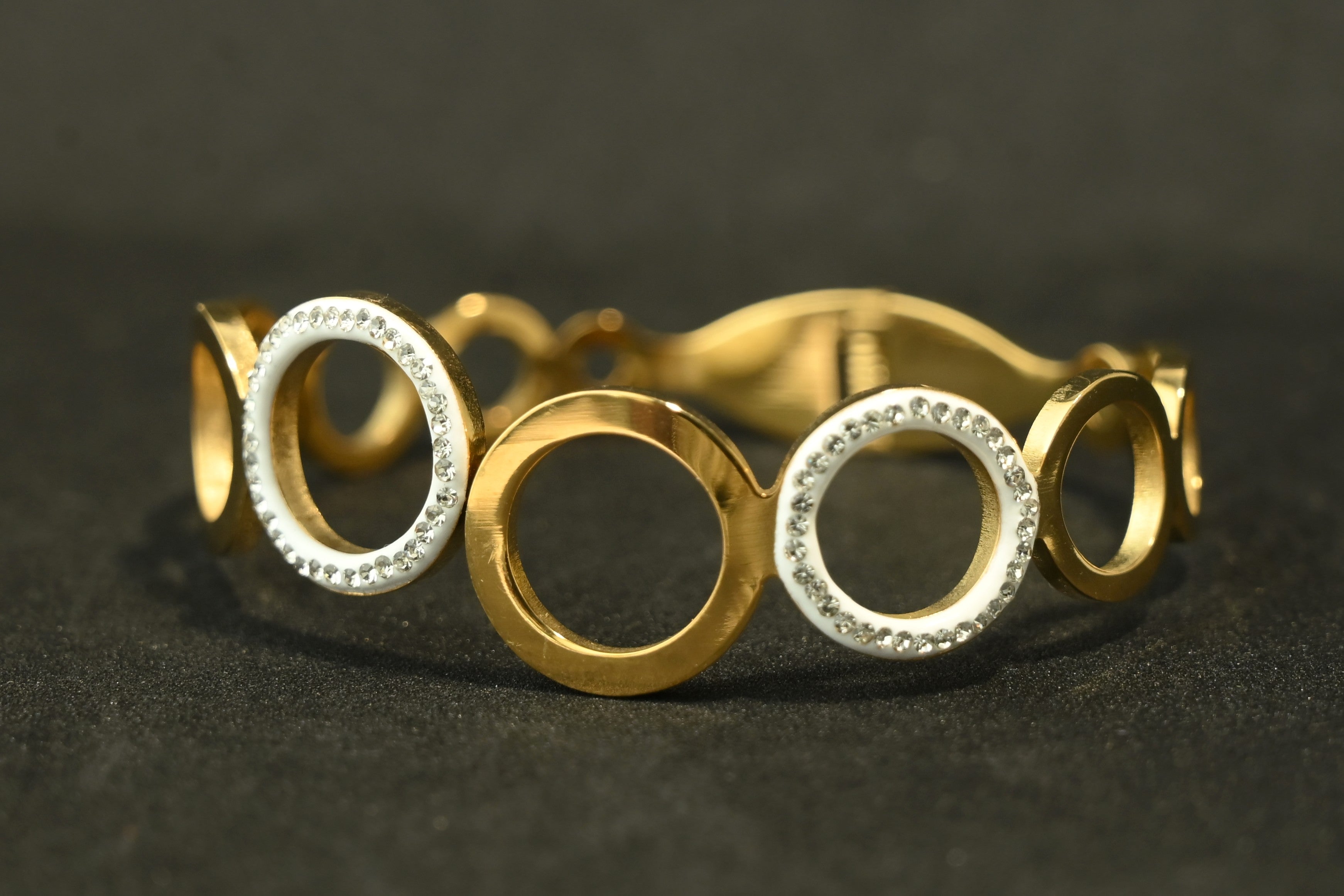 Gold Tone Aesthetic Linked Round Crystal Tennis-Style Bangle Bracelet for Women- Glossy Finish
