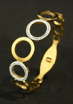 Gold Tone Aesthetic Linked Round Crystal Tennis-Style Bangle Bracelet for Women- Glossy Finish