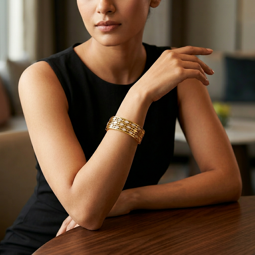 Gold Tone Exquisite Crystal-Embellished Etched Pattern Bangle Bracelet for Women- Glossy Finish