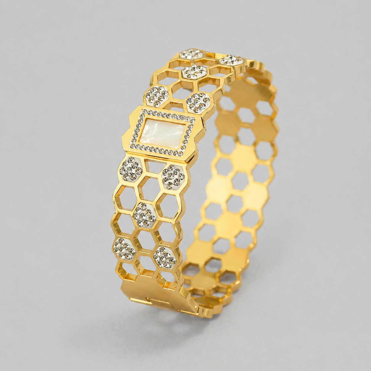 Gold Tone Radiant Laser-Etched Floral Zircon Bangle Bracelet for Women- Glossy Finish