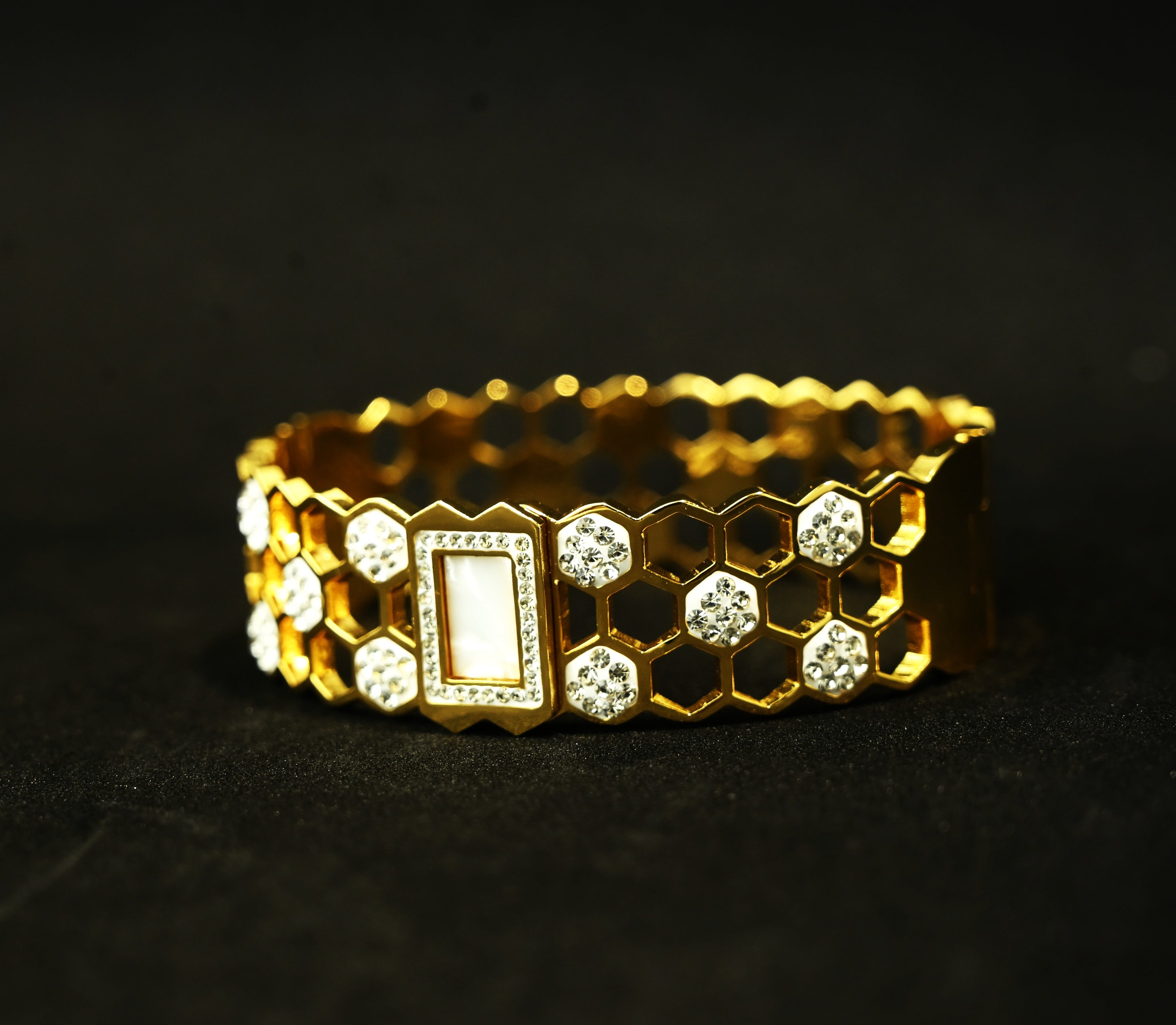 Gold Tone Radiant Laser-Etched Floral Zircon Bangle Bracelet for Women- Glossy Finish