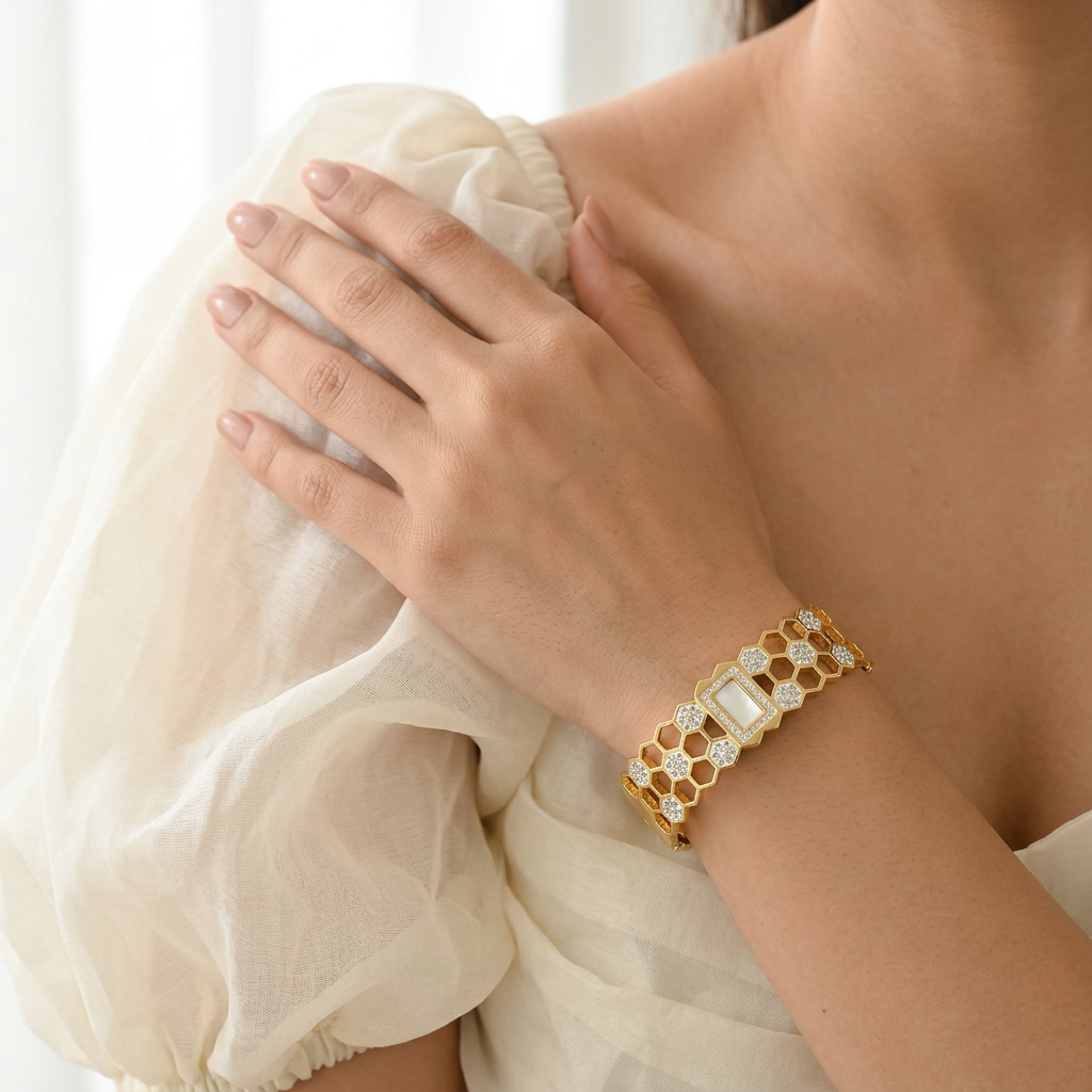 Gold Tone Radiant Laser-Etched Floral Zircon Bangle Bracelet for Women- Glossy Finish