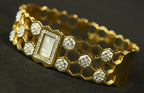 Gold Tone Radiant Laser-Etched Floral Zircon Bangle Bracelet for Women- Glossy Finish