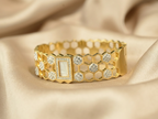 Gold Tone Radiant Laser-Etched Floral Zircon Bangle Bracelet for Women- Glossy Finish