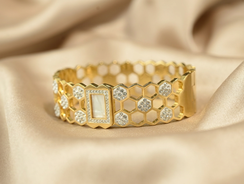Gold Tone Radiant Laser-Etched Floral Zircon Bangle Bracelet for Women- Glossy Finish
