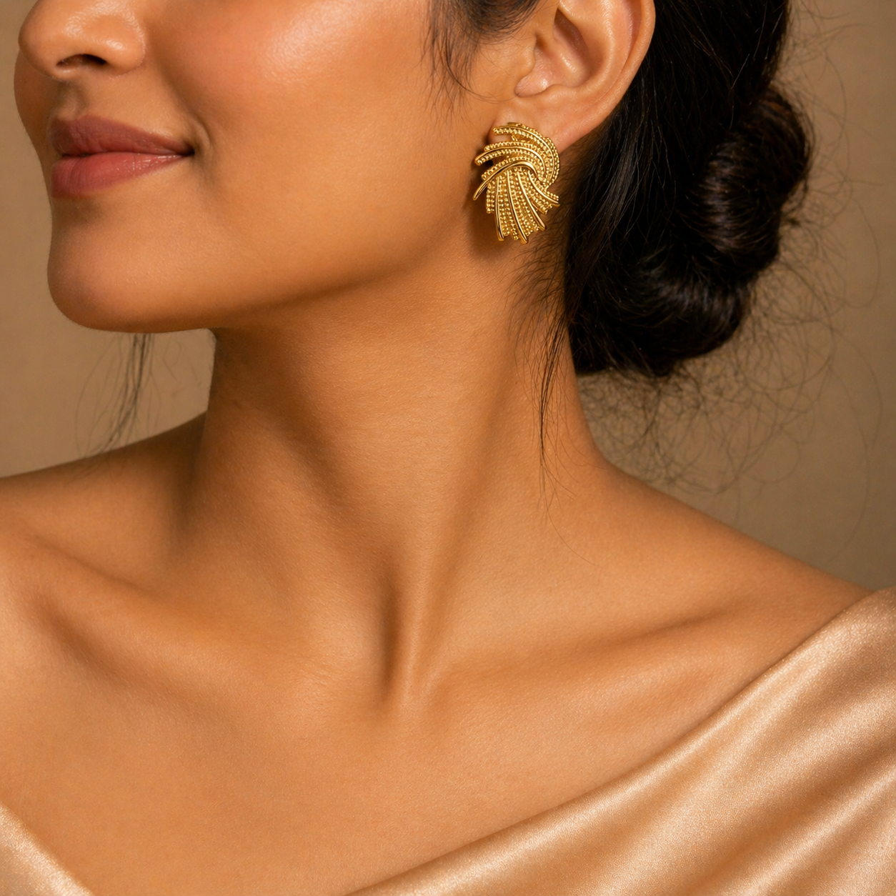 Gold Tone Sleek Feather Stud Earrings for Women- Glossy Finish