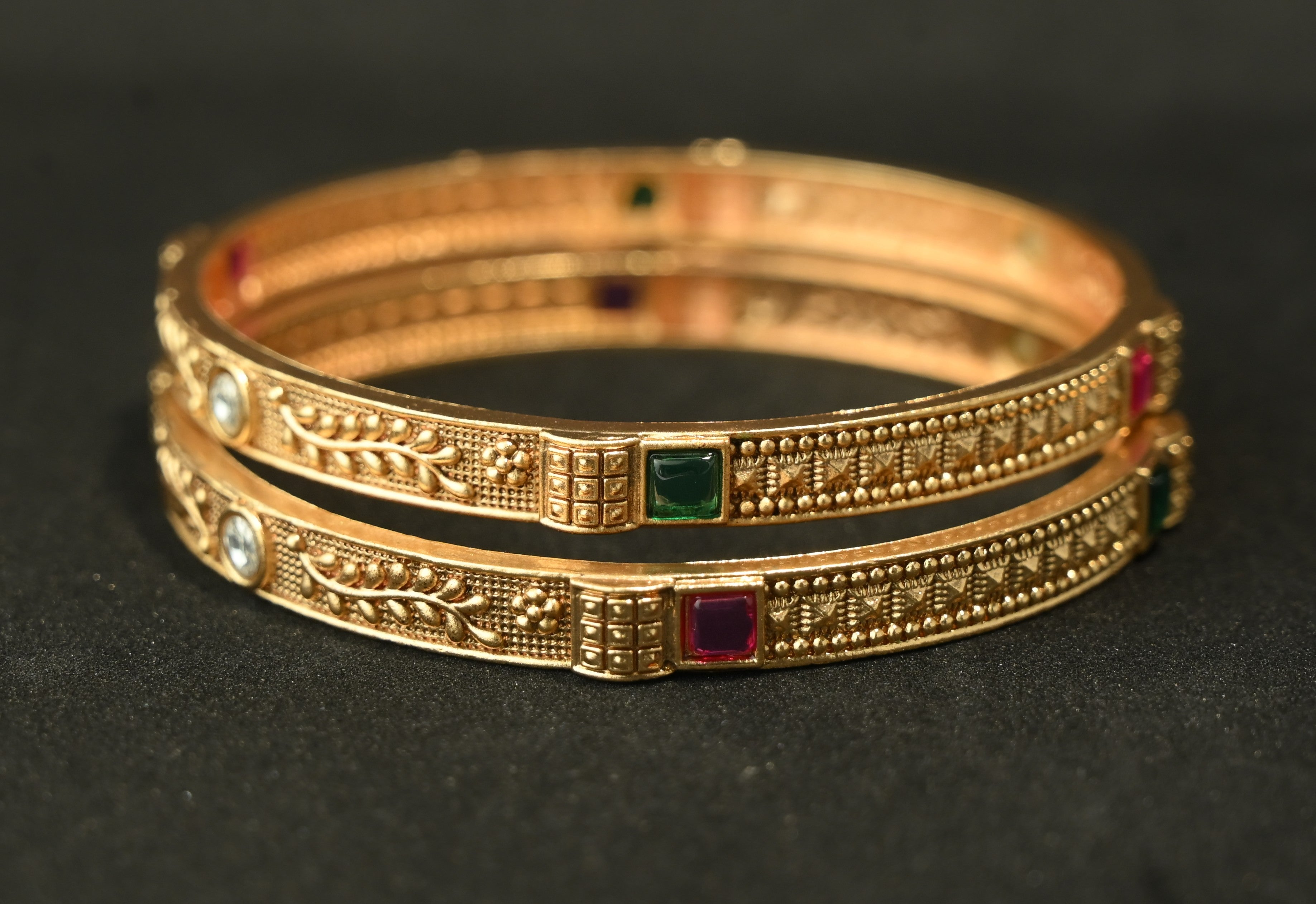 Ethinic Gold-Plated Classic Ruby and White Stone Embellishments Bangle Set of 2 for Women - Antique Finish (2.8 Size)