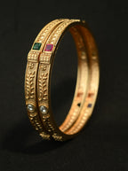 Ethinic Gold-Plated Classic Ruby and White Stone Embellishments Bangle Set of 2 for Women - Antique Finish (2.8 Size)