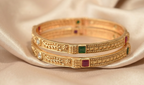 Ethinic Gold-Plated Classic Ruby and White Stone Embellishments Bangle Set of 2 for Women - Antique Finish (2.8 Size)