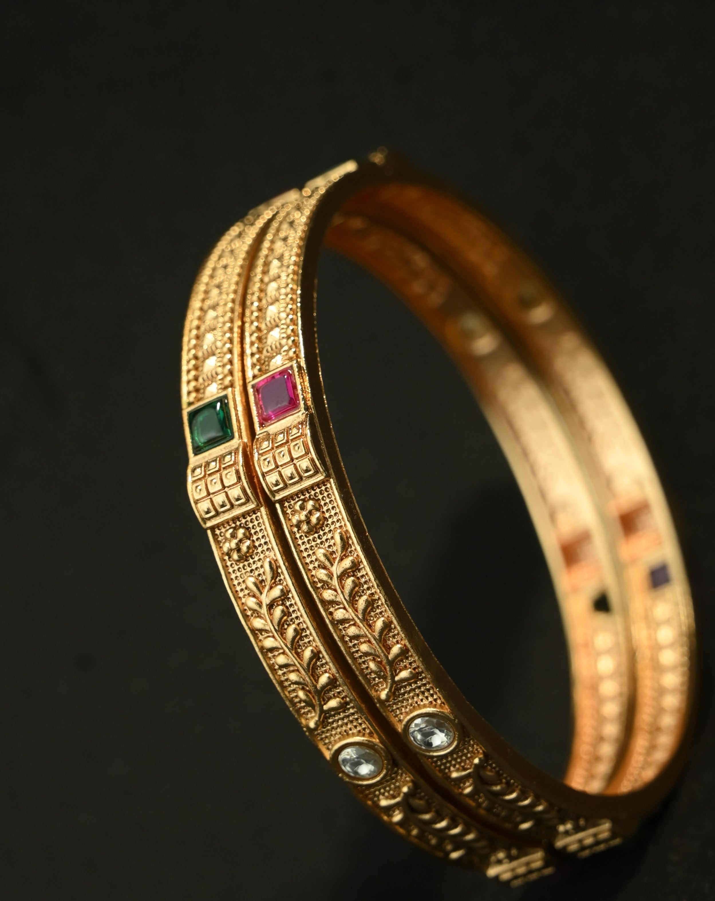 Ethinic Gold-Plated Classic Ruby and White Stone Embellishments Bangle Set of 2 for Women - Antique Finish (2.8 Size)