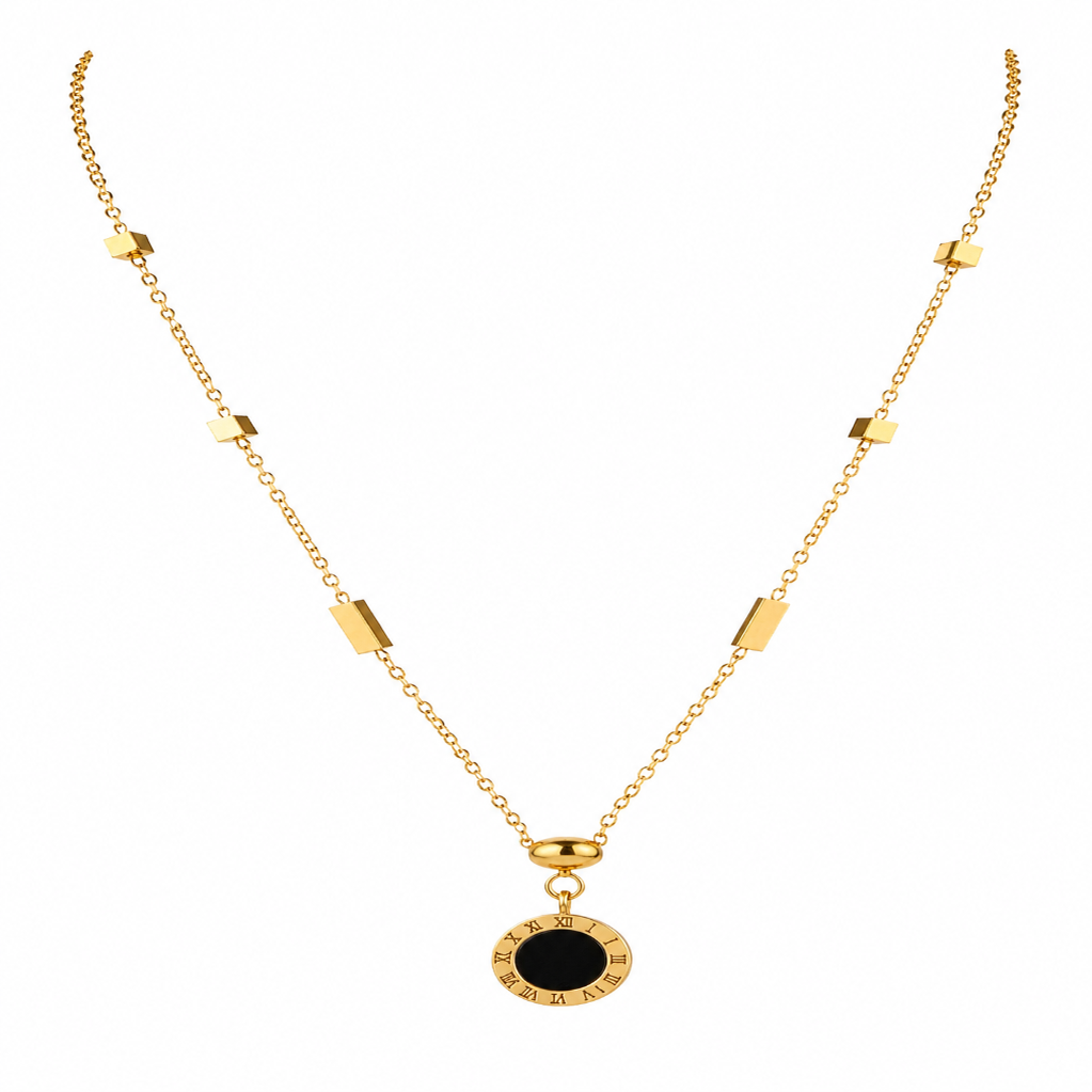 Gold Tone Classic Roman Letter Dual-Tone Disc Necklace for Women- Glossy Finish