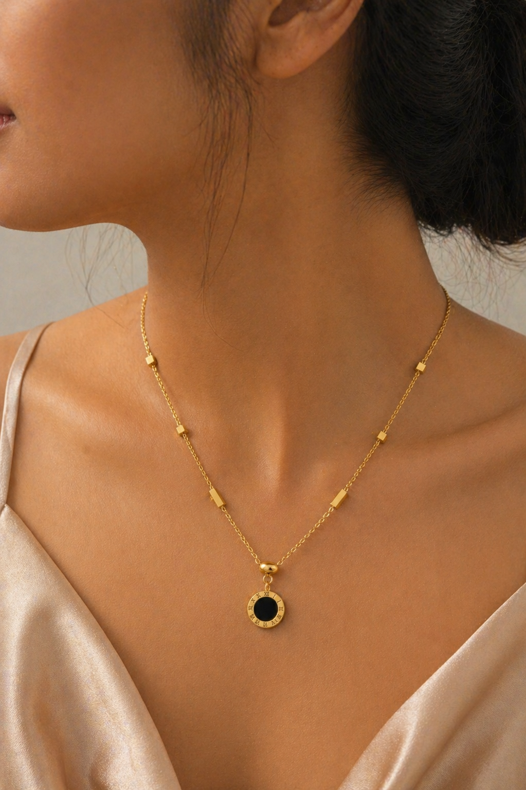 Gold Tone Classic Roman Letter Dual-Tone Disc Necklace for Women- Glossy Finish