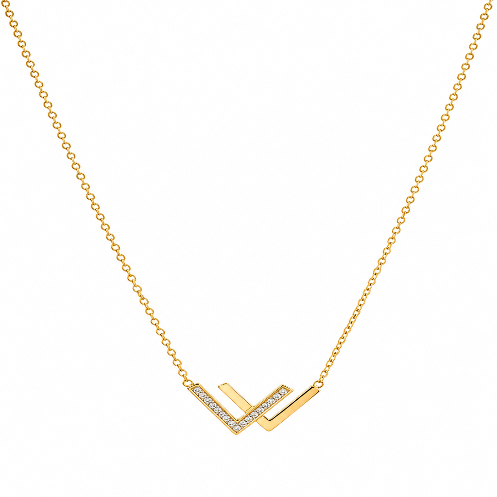 Gold Tone Elegant Letter W Crystal-Studded Pendant Necklace for Women- Glossy Finish