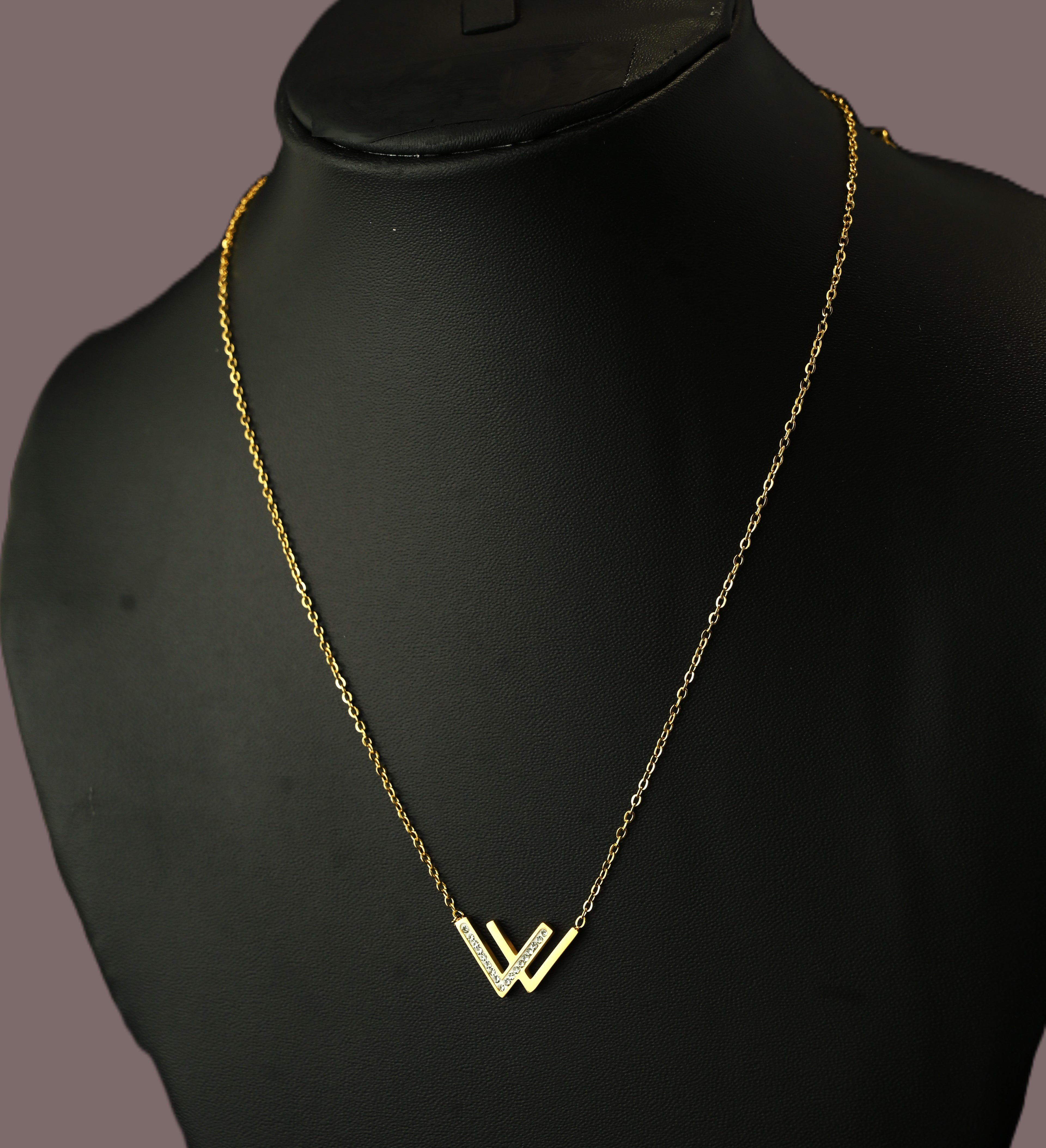 Gold Tone Elegant Letter W Crystal-Studded Pendant Necklace for Women- Glossy Finish