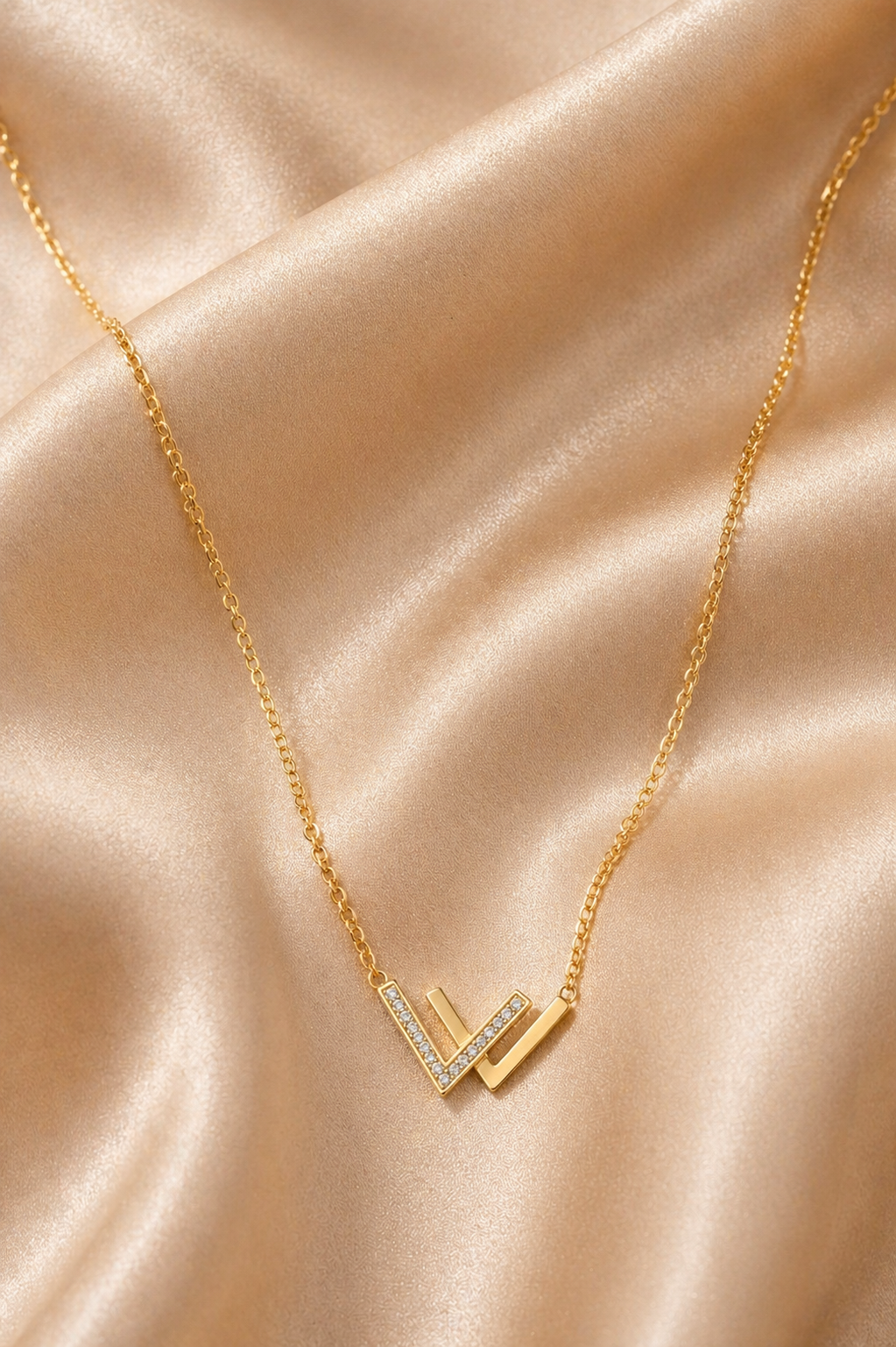 Gold Tone Elegant Letter W Crystal-Studded Pendant Necklace for Women- Glossy Finish