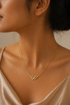 Gold Tone Elegant Letter W Crystal-Studded Pendant Necklace for Women- Glossy Finish