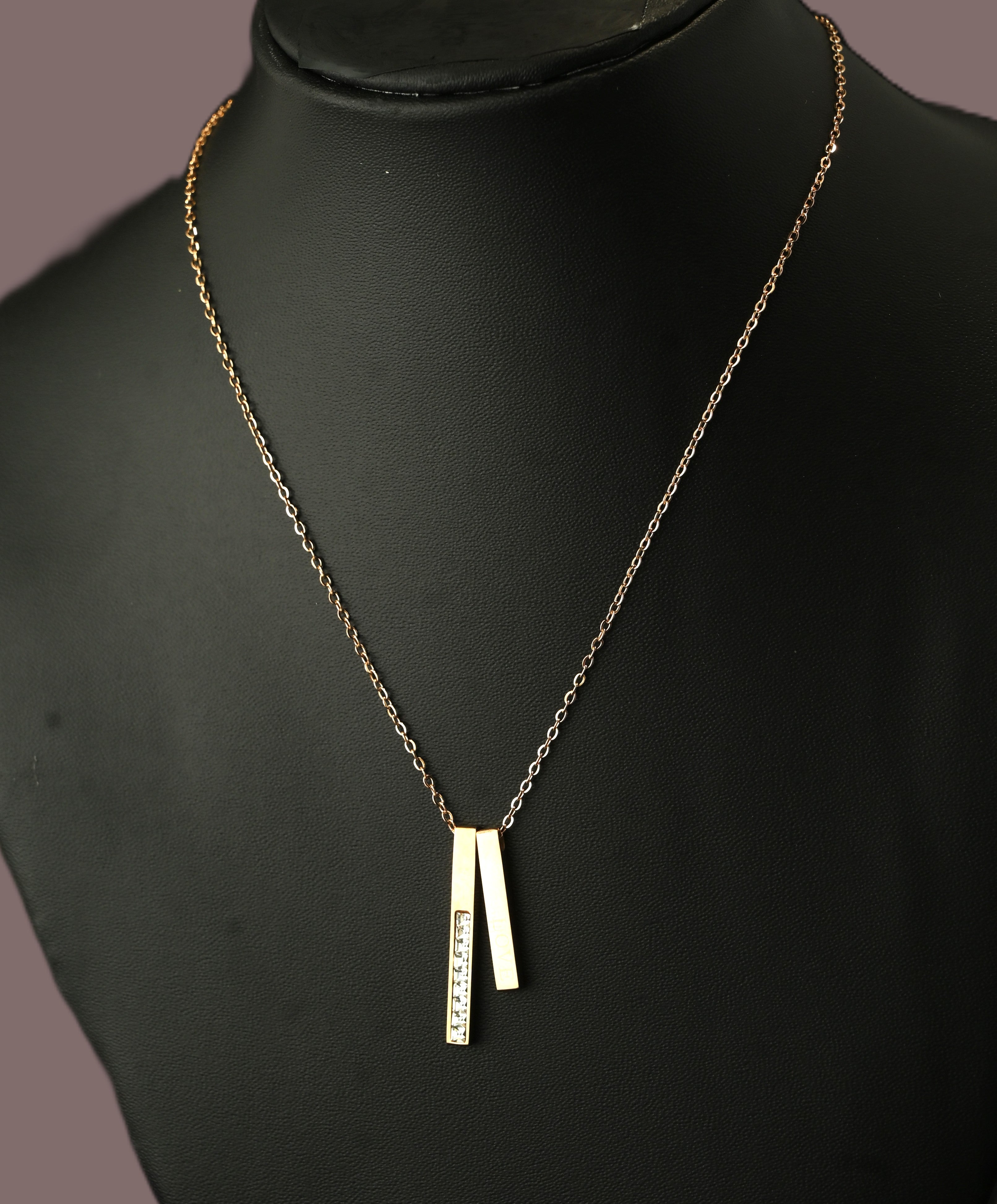 Gold Tone Minimal Rose Gold Vertical Love Bar Pendant Necklace for Women- Glossy Finish