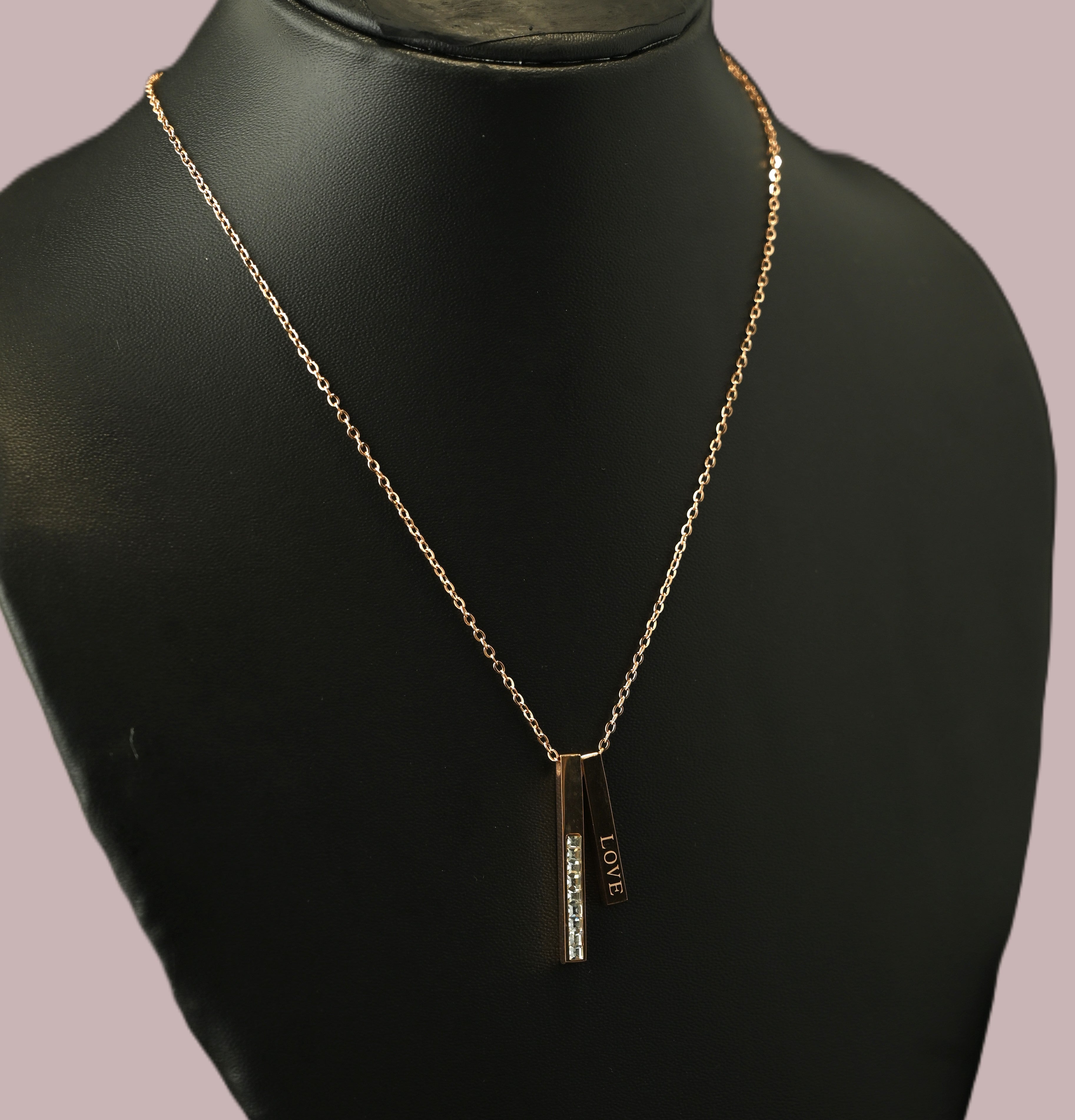 Gold Tone Minimal Rose Gold Vertical Love Bar Pendant Necklace for Women- Glossy Finish