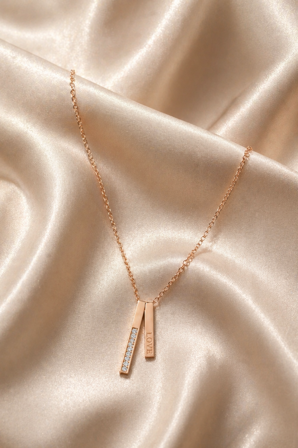 Gold Tone Minimal Rose Gold Vertical Love Bar Pendant Necklace for Women- Glossy Finish
