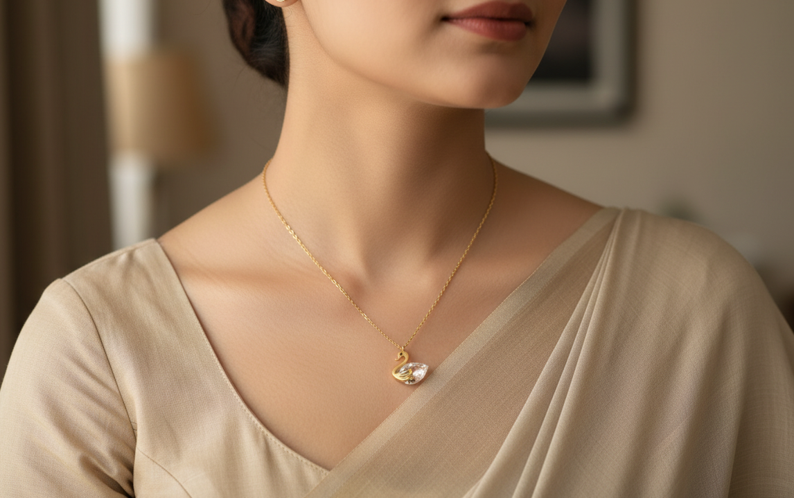 Gold Tone Elegant Swan Charm Necklace for Women- Glossy Finish