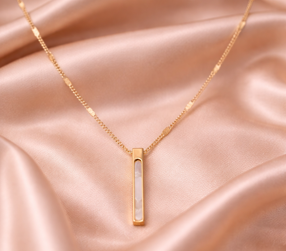 Gold Tone Sleek White Bar Pendant for Women- Glossy Finish