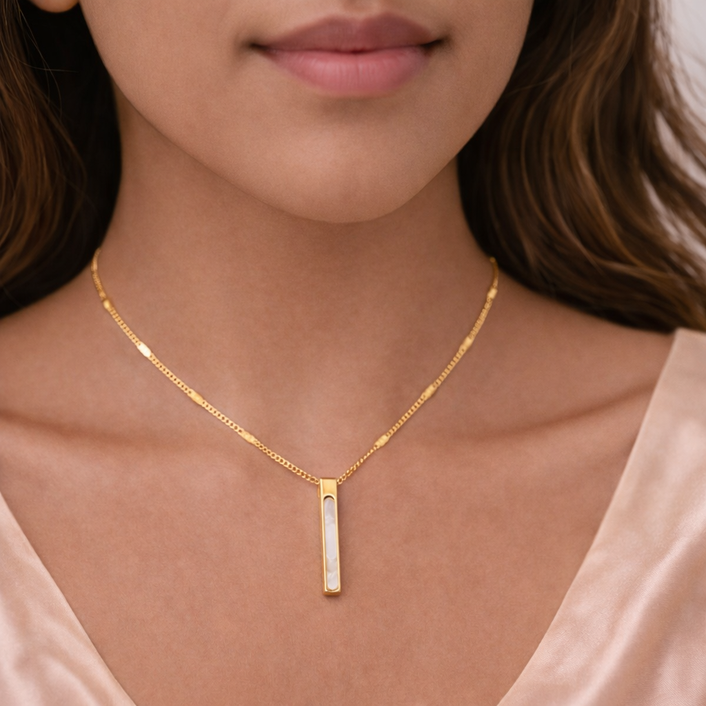 Gold Tone Sleek White Bar Pendant for Women- Glossy Finish