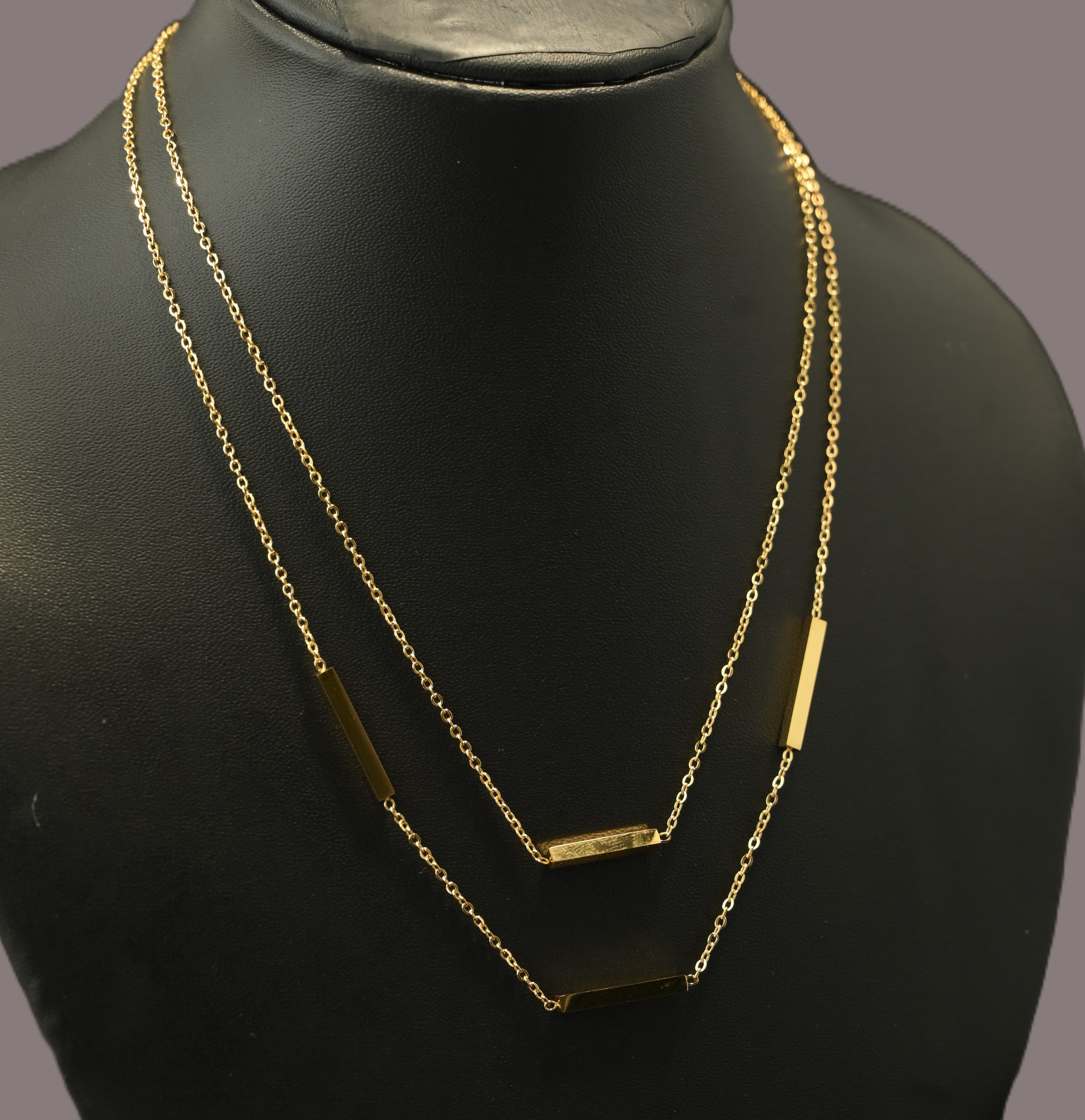 Gold Tone Sleek Layered Steel Bar Pendant Necklace for Women- Glossy Finish