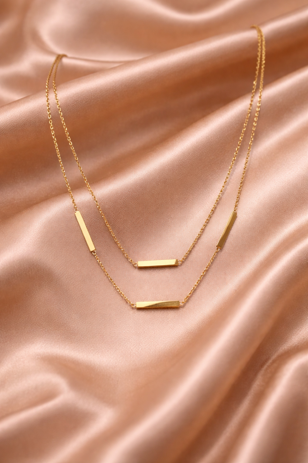 Gold Tone Sleek Layered Steel Bar Pendant Necklace for Women- Glossy Finish