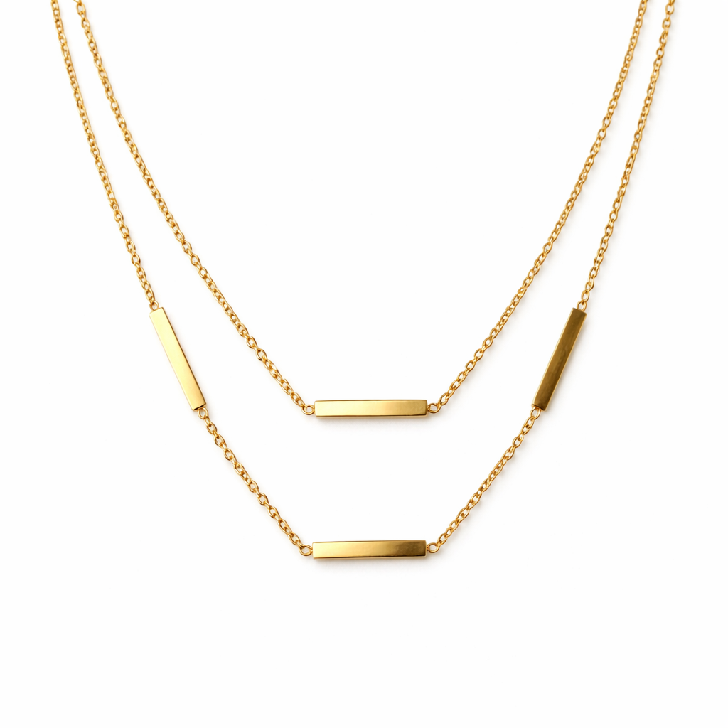 Gold Tone Sleek Layered Steel Bar Pendant Necklace for Women- Glossy Finish