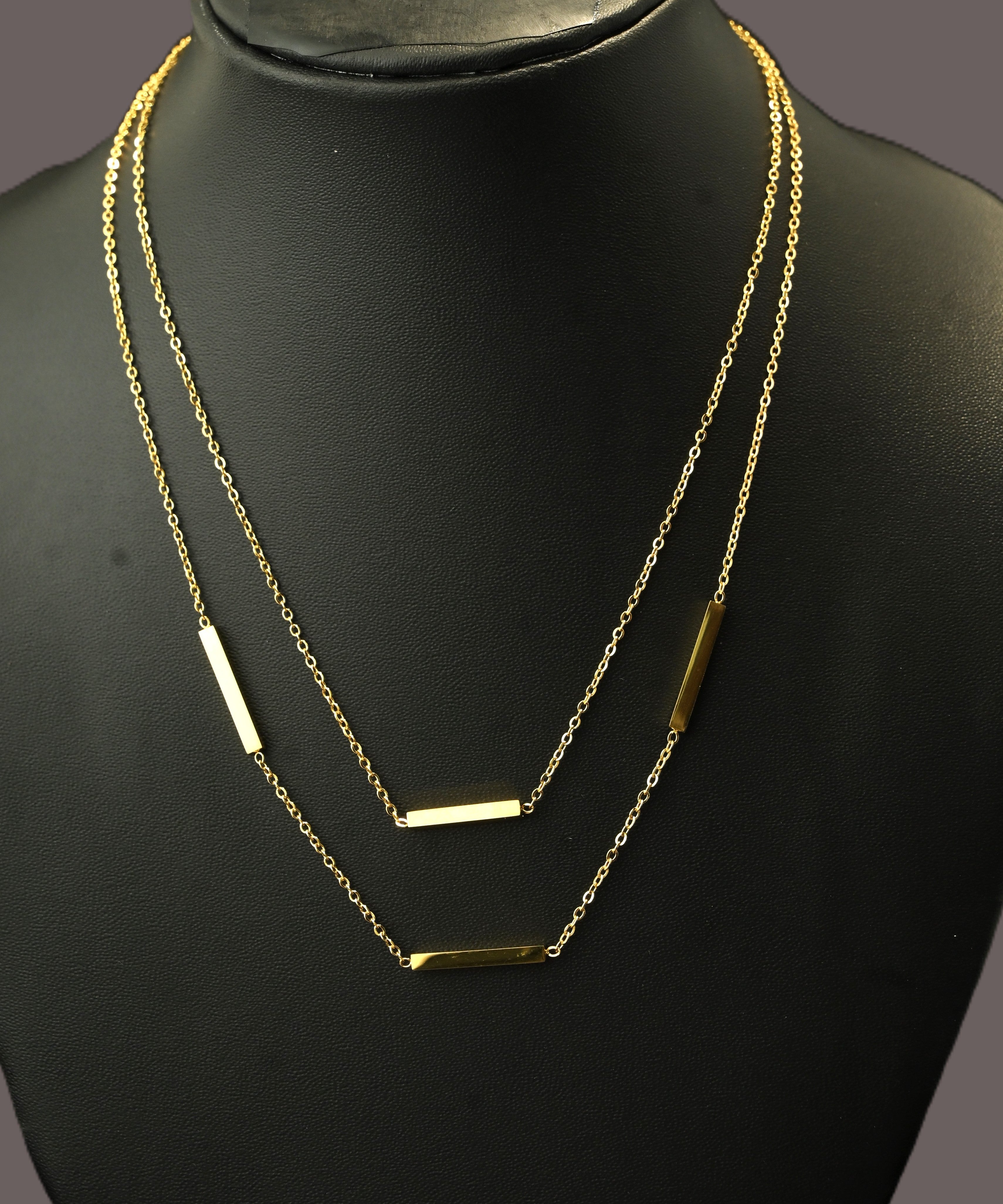 Gold Tone Sleek Layered Steel Bar Pendant Necklace for Women- Glossy Finish